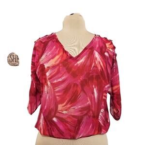 White House Black Market Pink Beaded Shoulder Criss Cross Cut Out Blouson Top XS